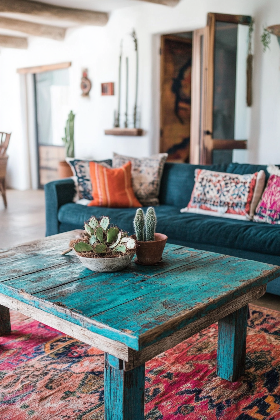 Desert-Boho living room. Turquoise distressed wood coffee table.