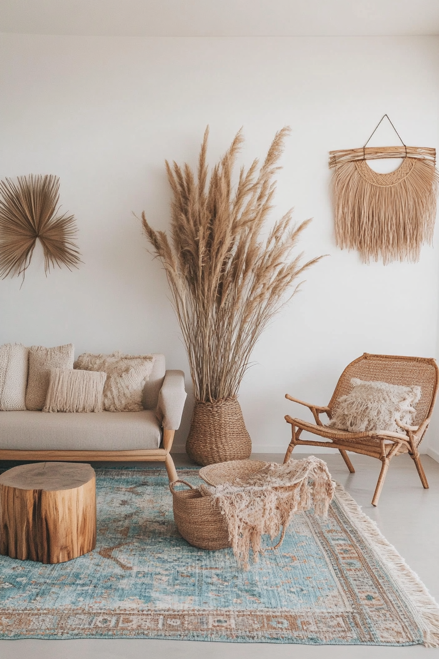 Desert-Boho living room. Turquoise kilim rug with dried pampas grass arrangements.