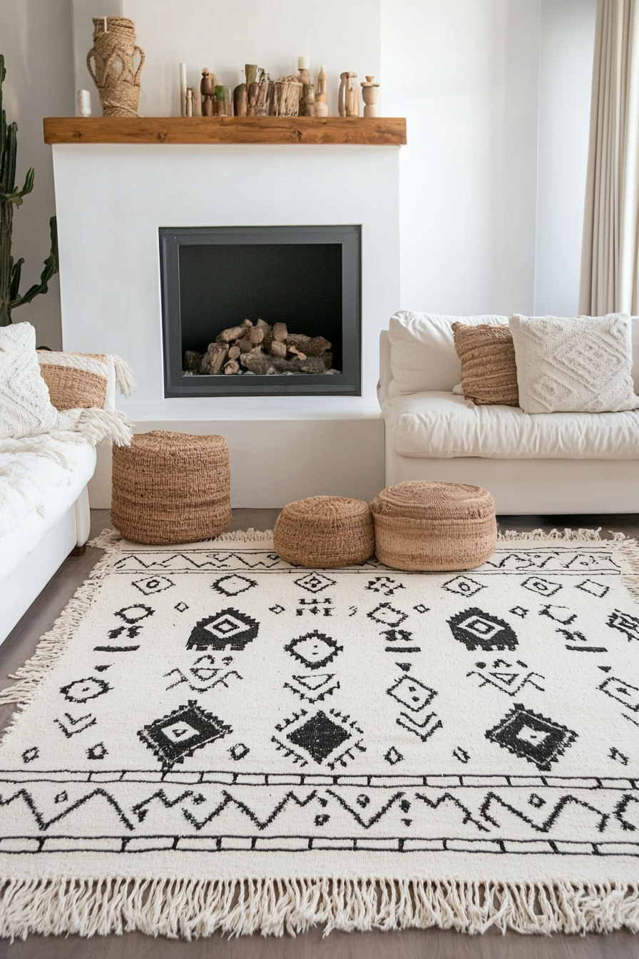 Desert-Boho living room. Natural fiber rugs with ethnic patterns.