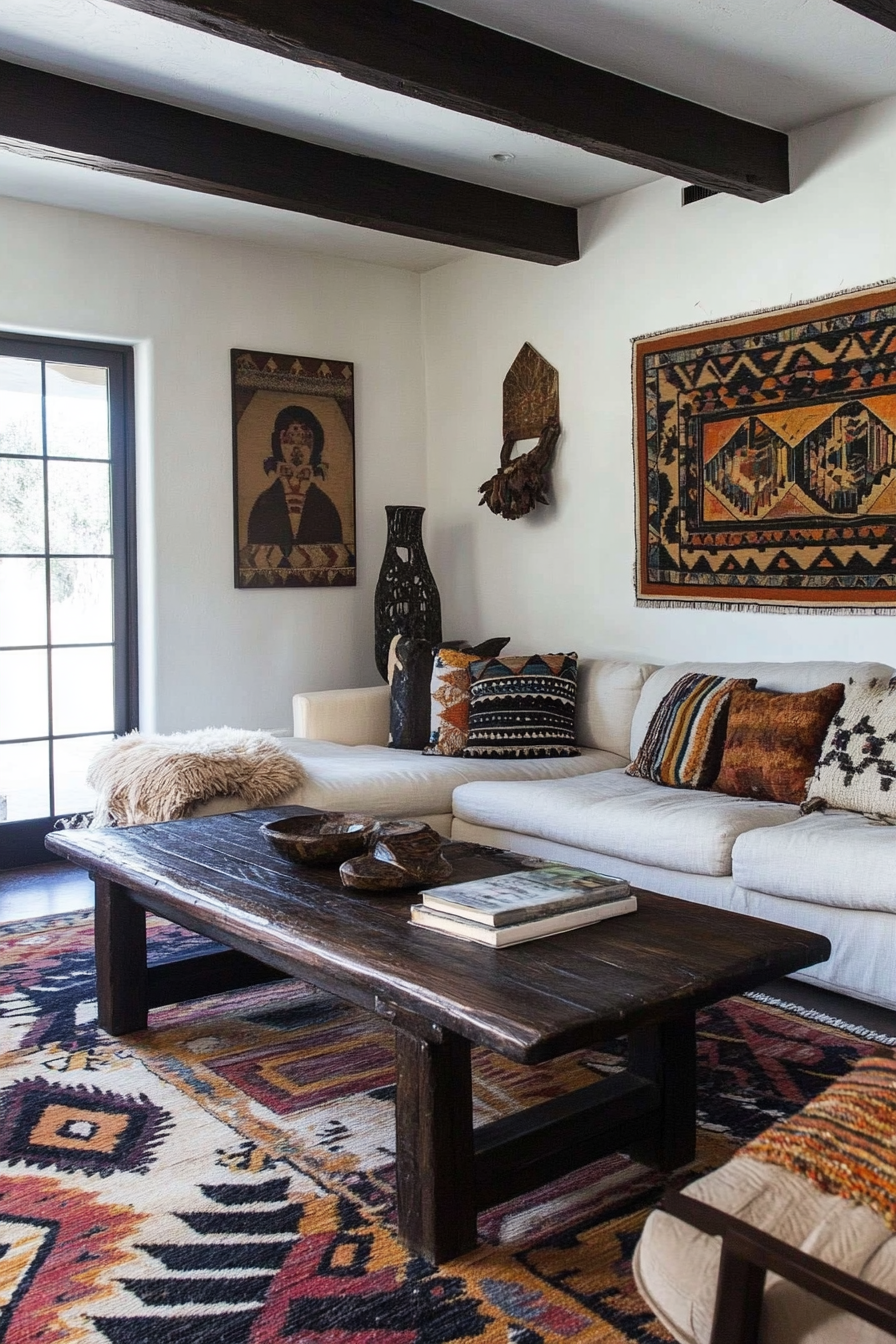 Desert-Boho living room. Dark mahogany coffee table with geometric Aztec rug.