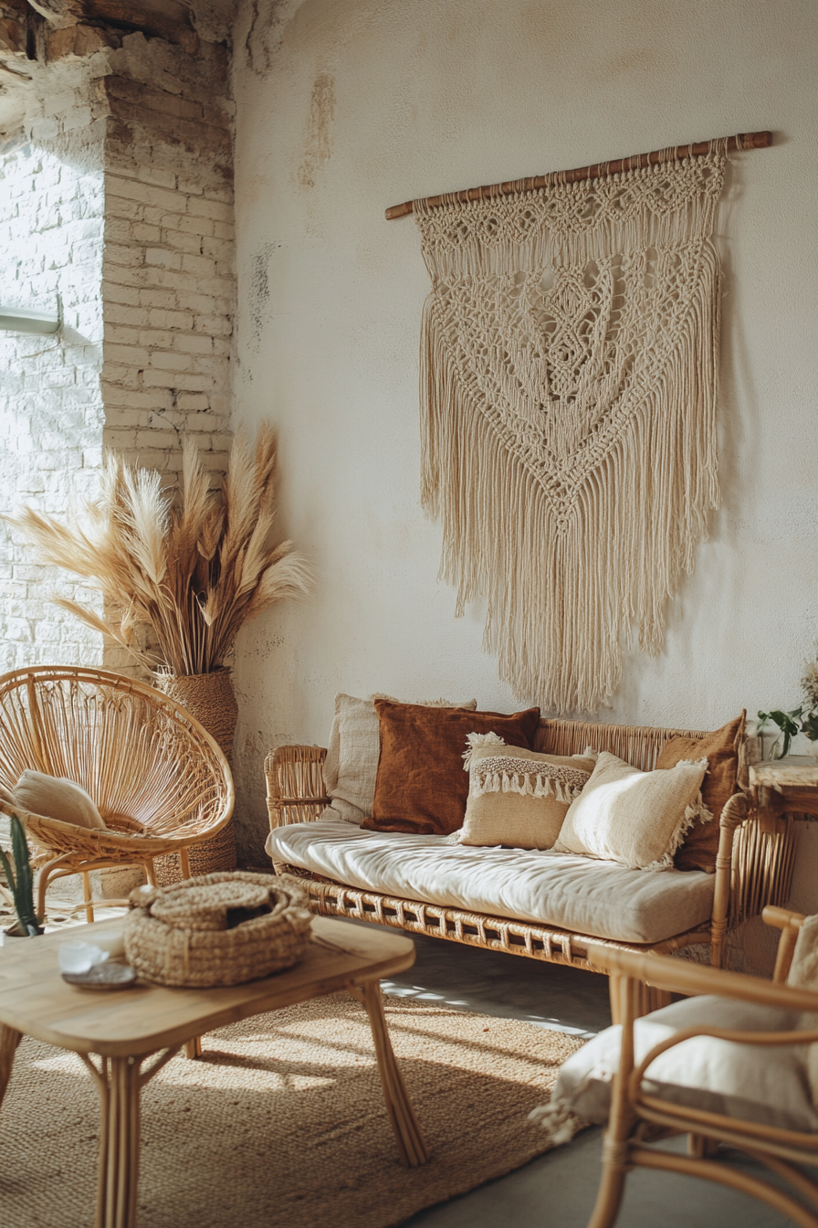 Desert-Boho Living room. Wall hanging macrame art, rattan furniture, warm-tone cushion.