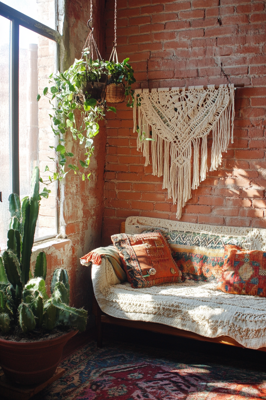 Desert-Boho living room. Hanging plants on macrame shelf against red clay brick wall.