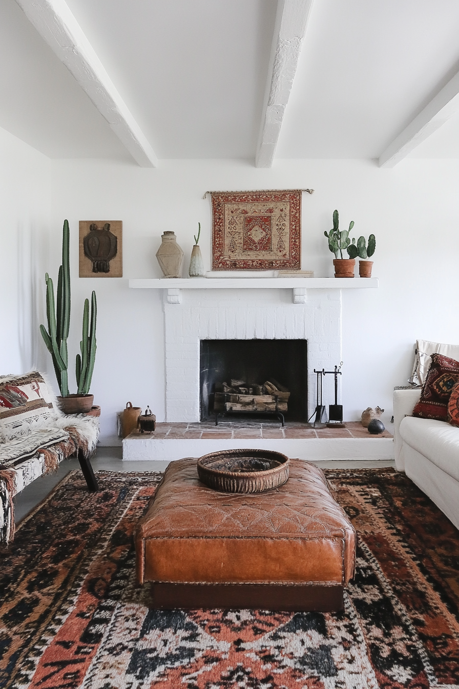 Desert-boho living room. Vintage Moroccan rug with earth-toned ottoman.