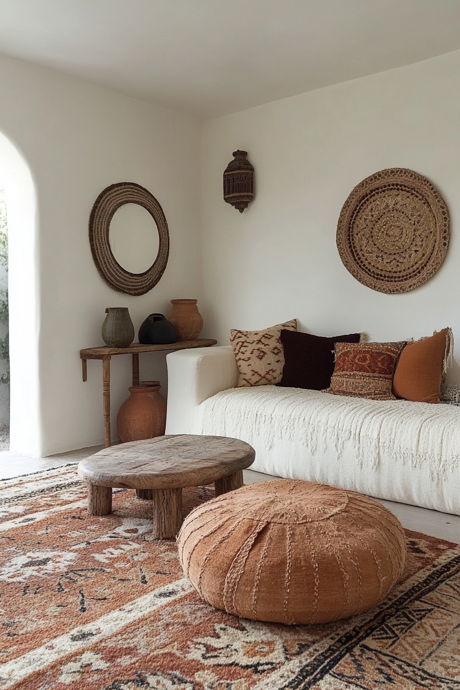 Desert-Boho living room. Moroccan poof with earth-toned patterned rug.