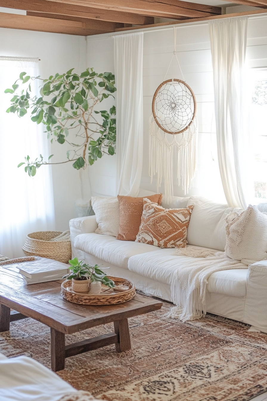 Desert-Boho Living Room. Hanging macrame dreamcatcher with feather accents.