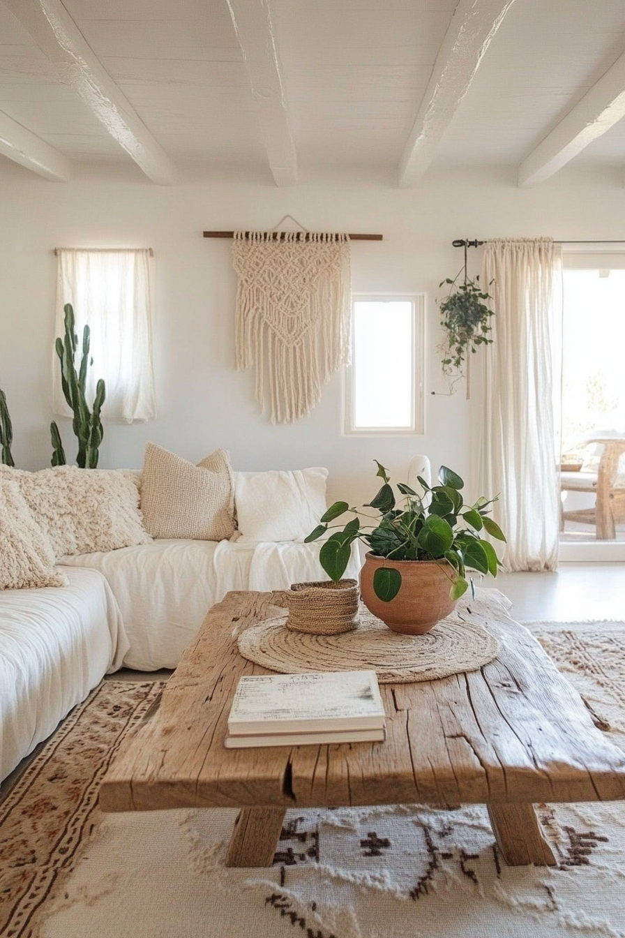 Desert-Boho Living Room. Natural wood coffee table with intricate macramé plant hangers.