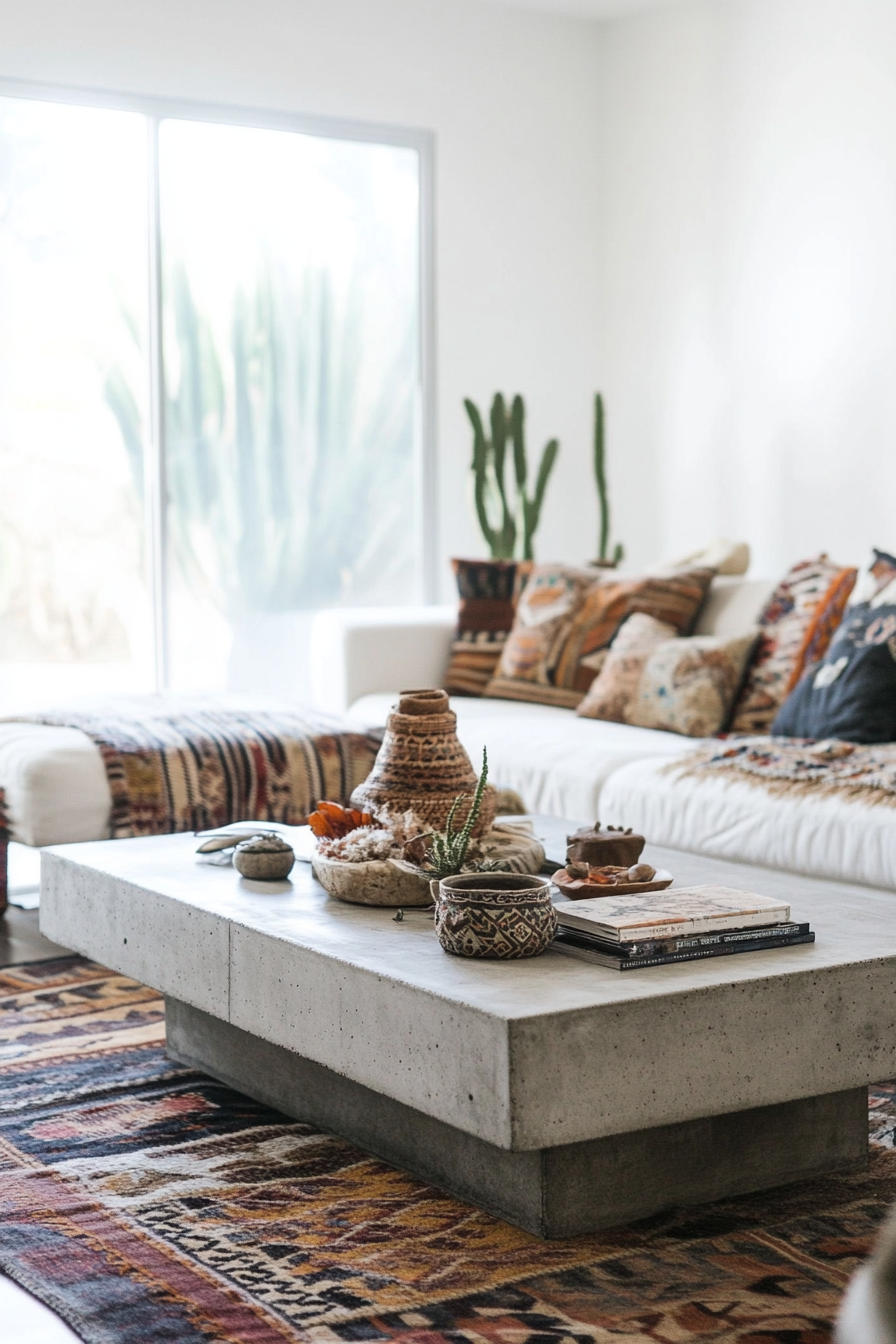 Desert-Boho living room.  A concrete coffee table with southwestern woven blankets.