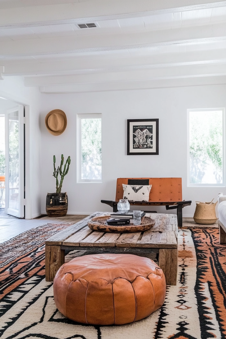 Desert-Boho living room. Tribal print rug with leather pouf and rustic wood coffee table.