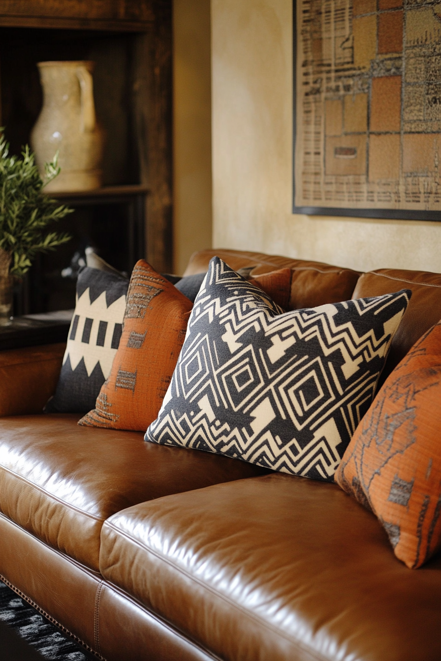 Desert-Boho living room. Leather sofa with geometric-patterned throw pillows.