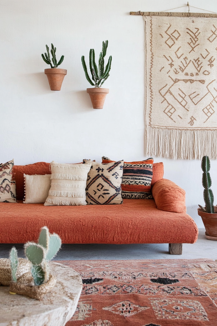 Desert-Boho living room. Terracotta sofa with tribal-patterned pillows.