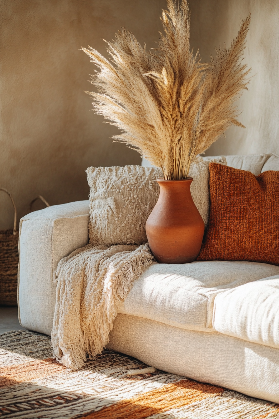 Desert-Boho living room. Terracotta vase with dried pampas grass.