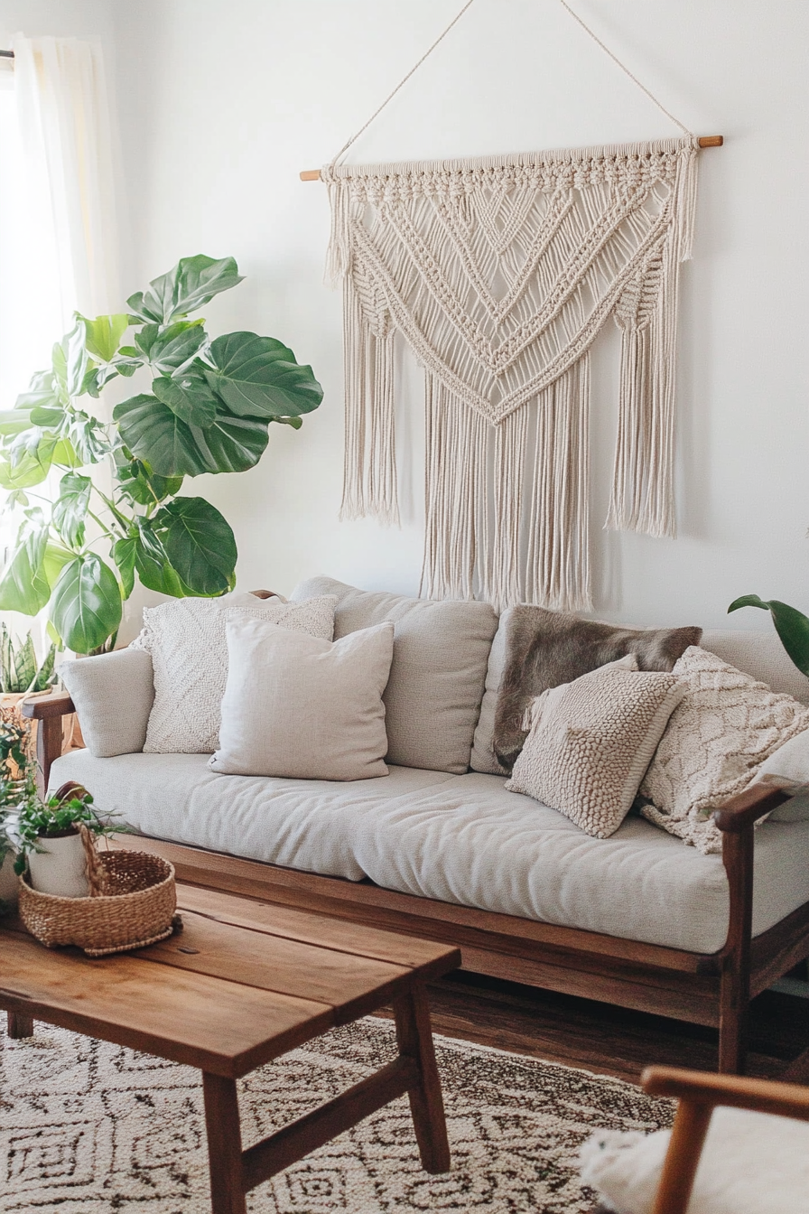 Desert-Boho living room. Earth-toned macrame wall hanging.