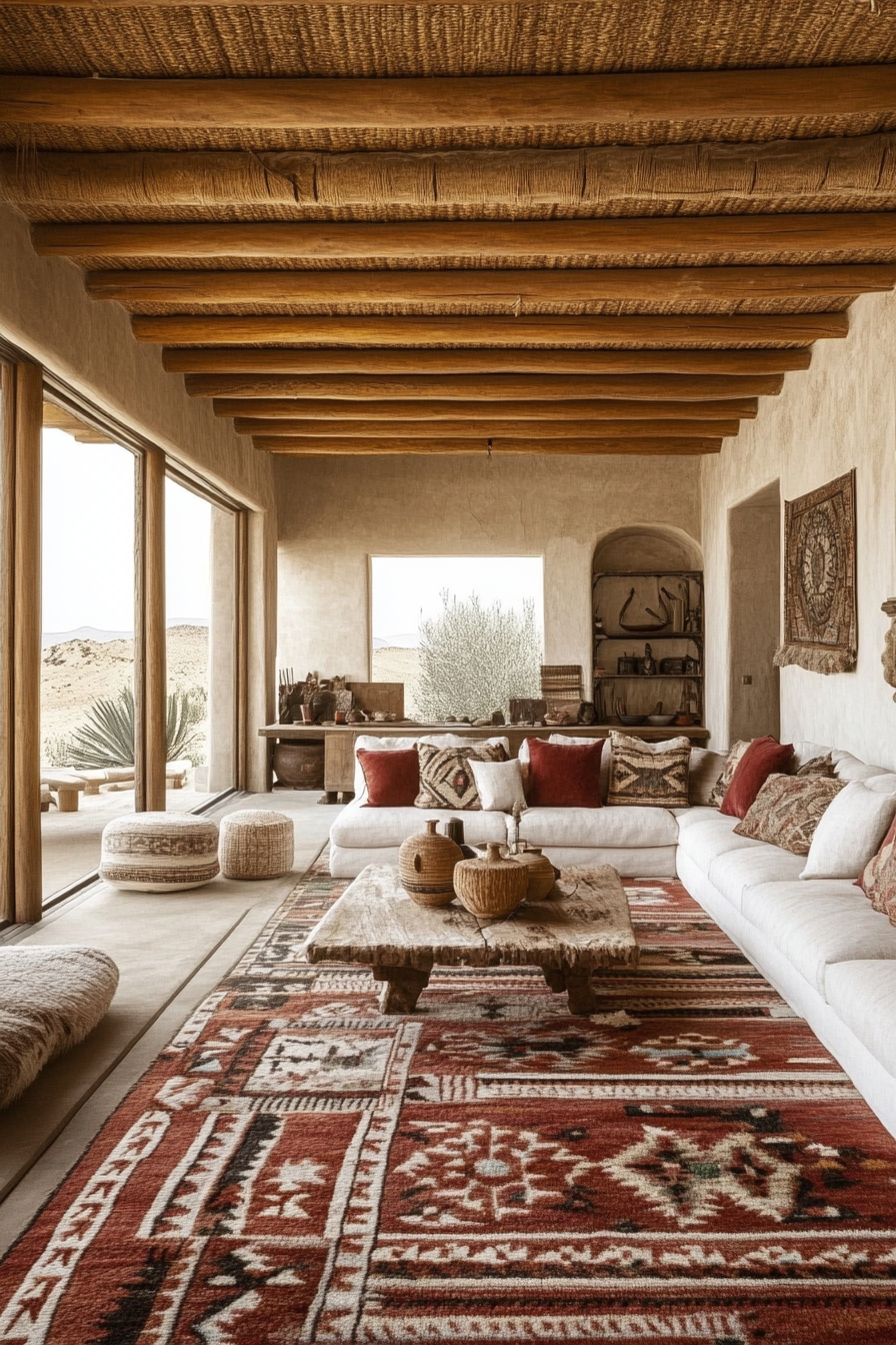 Desert-Boho living room. Terra cotta colored rugs with ethnic patterns.