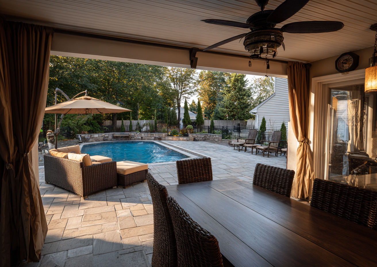A Burlington County vacation rental features a sparkling outdoor pool surrounded by a spacious patio and lush greenery.
