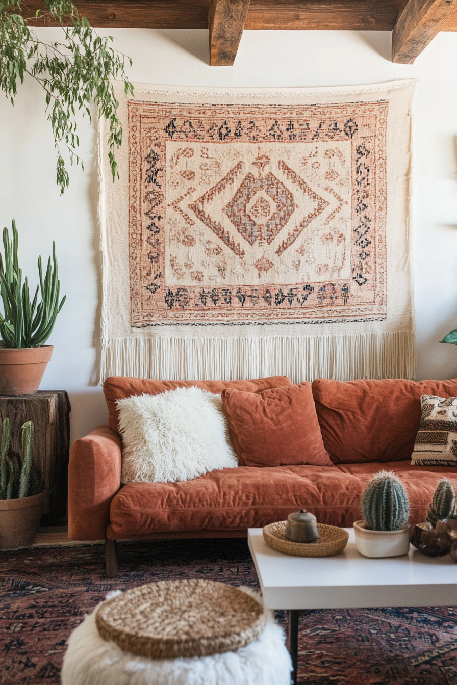 Desert-Boho living room. Terracotta-colored wall tapestry with white fringe.