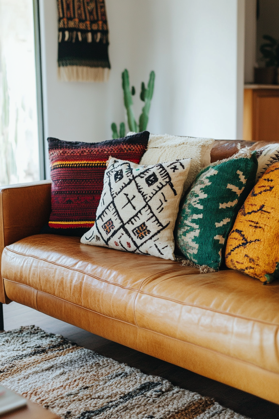 Desert-Boho living room. Leather sofa with colorful Moroccan pillows.