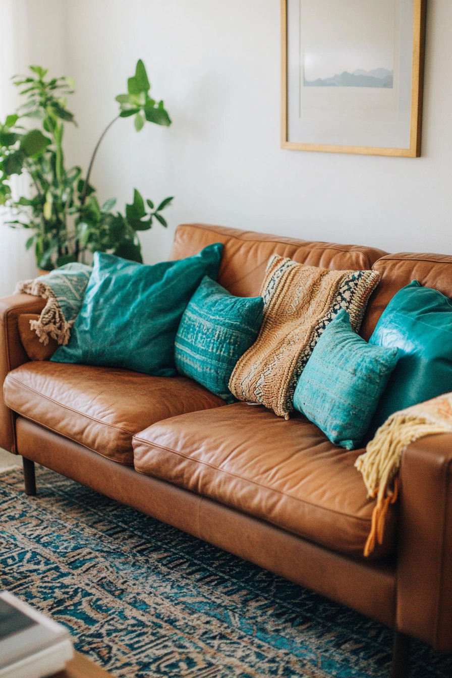 Desert-Boho living room. Brown leather sofa with turquoise throw pillows.