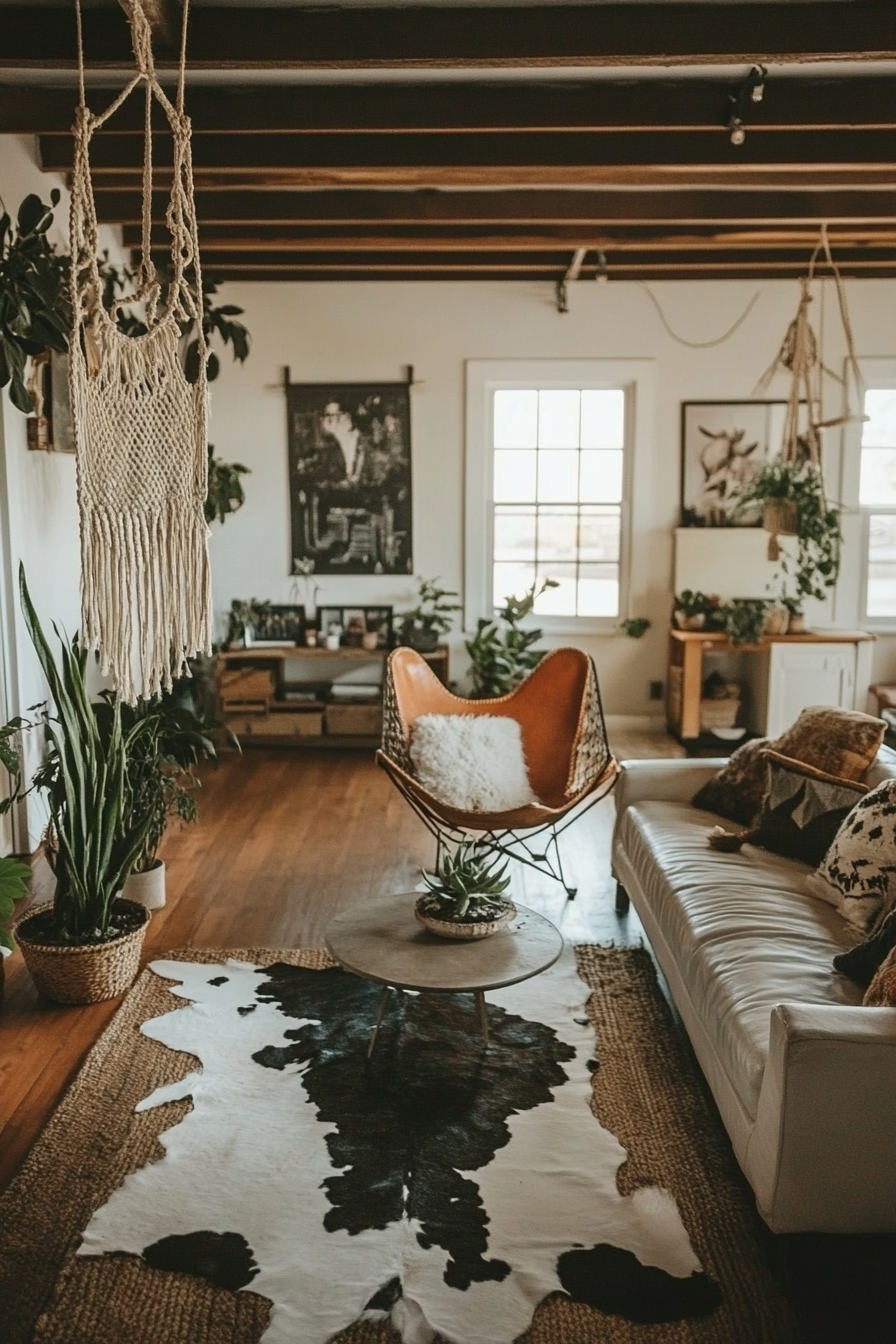 Desert-Boho living room. Cowhide rug, succulent plants, hanging macrame chair.