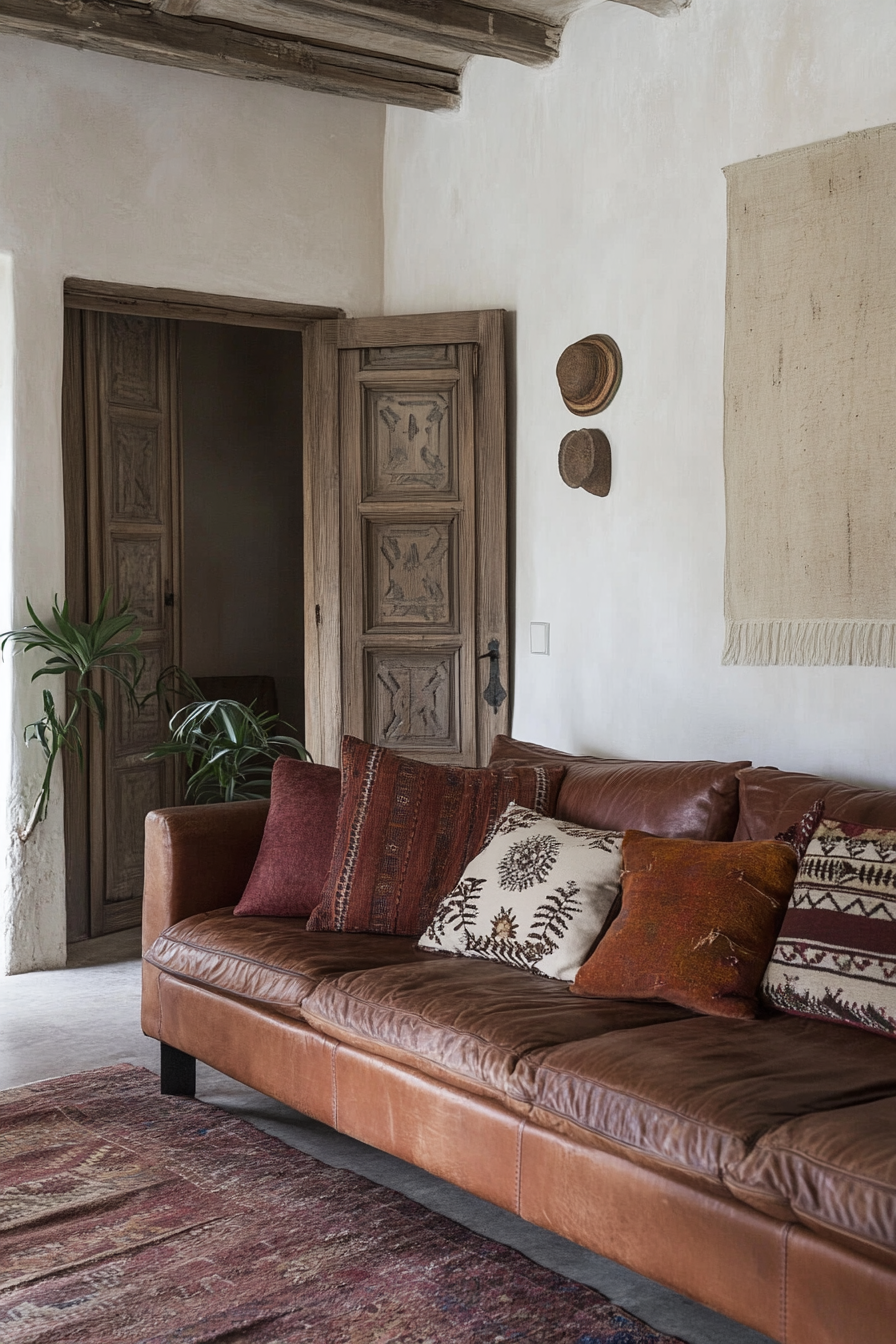 Desert-Boho Living Room. Rustic leather sofa with Moroccan patterned throw cushions.