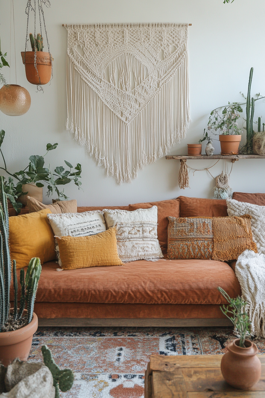 Desert-Boho living room. Macramé wall-hangings, terracotta pots, mute desert-hues soft-furnishings.