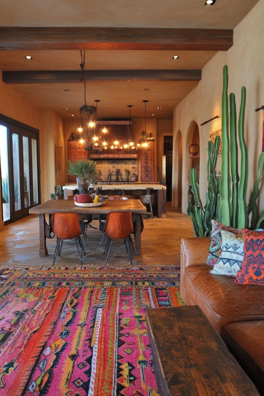 Desert-Boho living room. Cacti setup with colorful Bohemian rug.