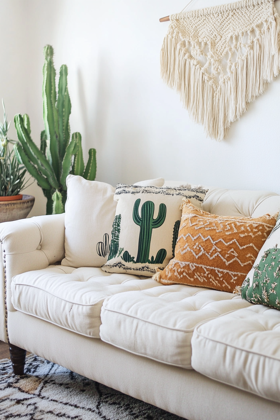 Desert-Boho living room. Tufted cream sofa with cactus print pillows.