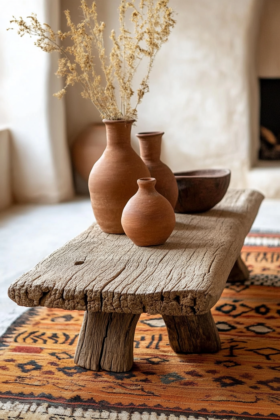 Desert-Boho living room. Natural wood coffee table with terracotta vases.