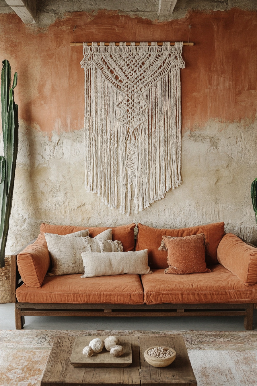 Desert-Boho living room. Terracotta sofa with macramé wall hanging.