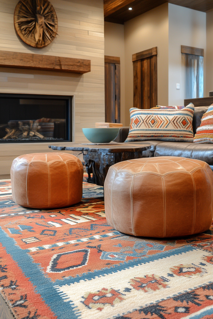 Living room. Southwestern patterned rug with tan leather poufs.