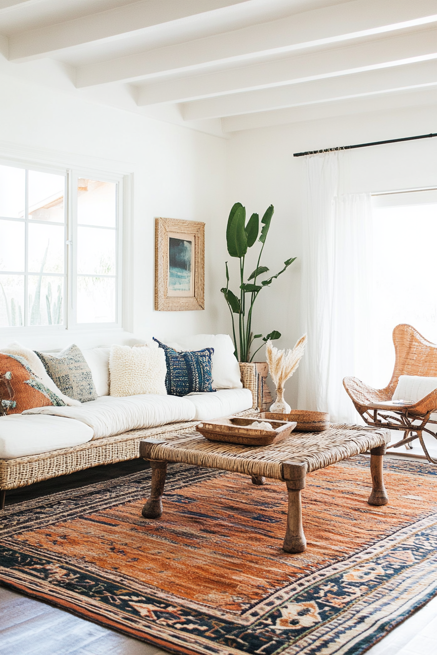 Desert-Boho living room. Rattan coffee table with burnt orange rug.