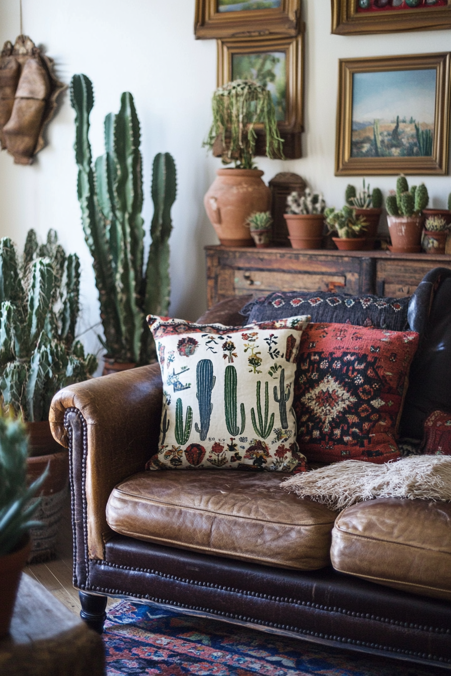 Desert-Boho living room. Cactus-patterned pillows on a leather love seat.