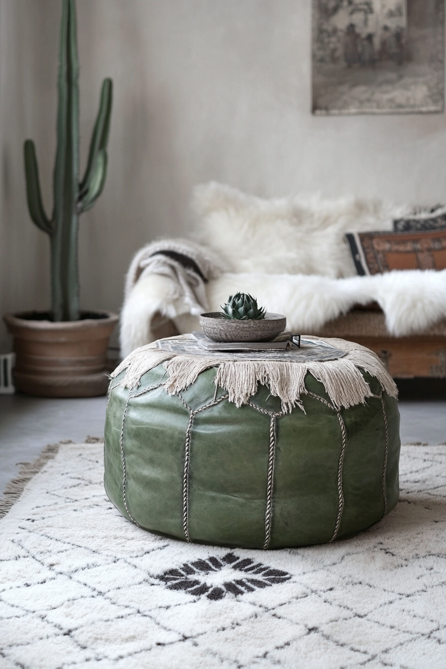 Desert-Boho living room. Cactus green Moroccan leather pouf.