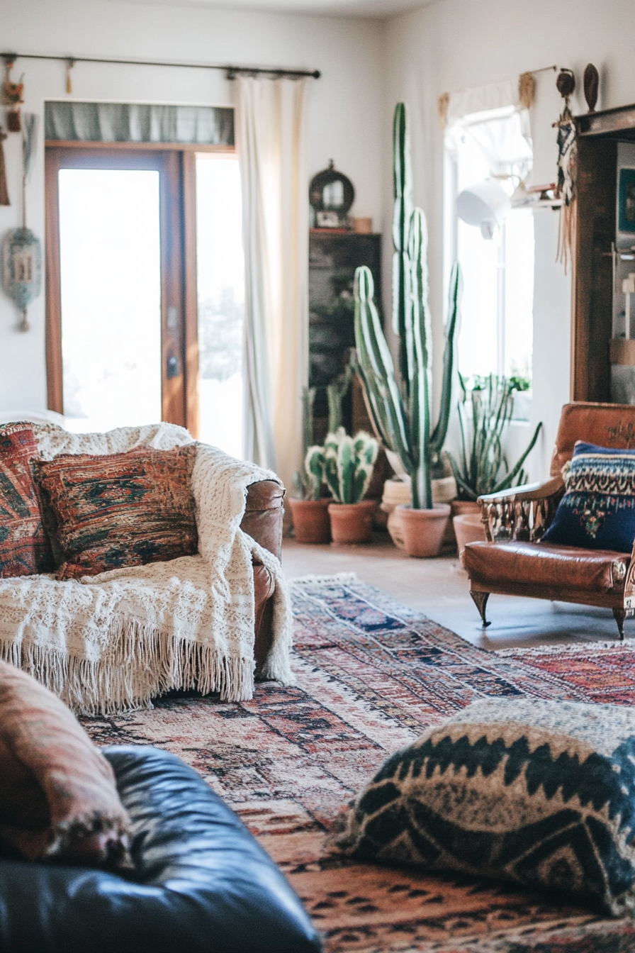 Desert-Boho living room. Vintage patterned rug with potted cactuses.