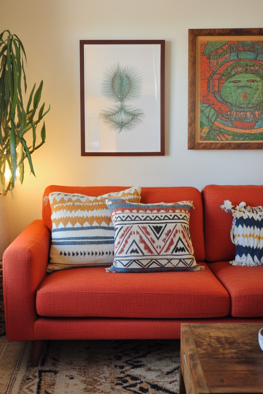 Desert-Boho Living Room. Terracotta sofa with aztec geometric throw pillow.