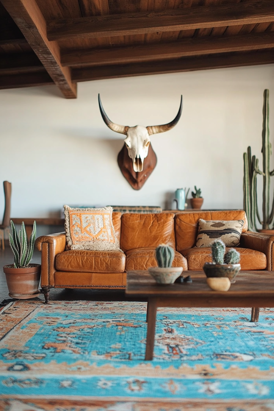 Desert-Boho living room. Turquoise kilim rug with potted cactuses and mounted steer skull.