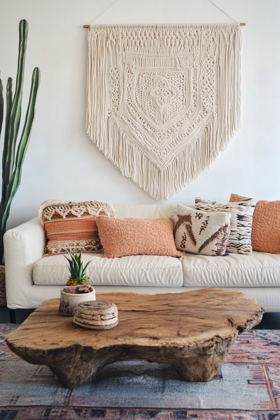 Desert-Boho living room. Wall-mounted macrame pastel weaving over raw-edge wooden table.