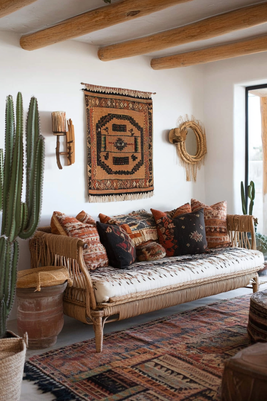 Desert-Boho living room. Earthy rattan daybed with kilim pillows.