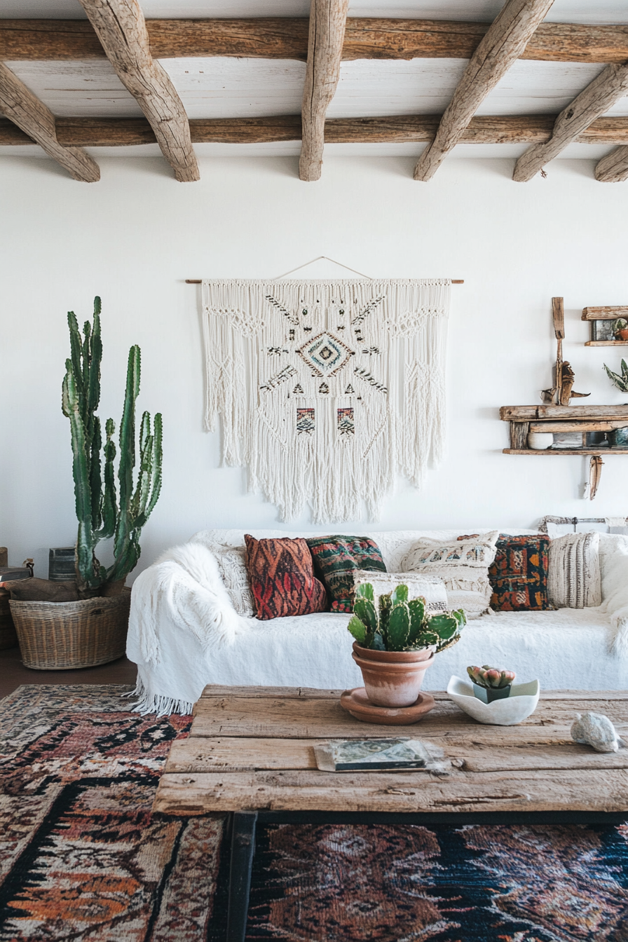 Desert-Boho living room. Macramé wall hanging and faded southwestern rugs.