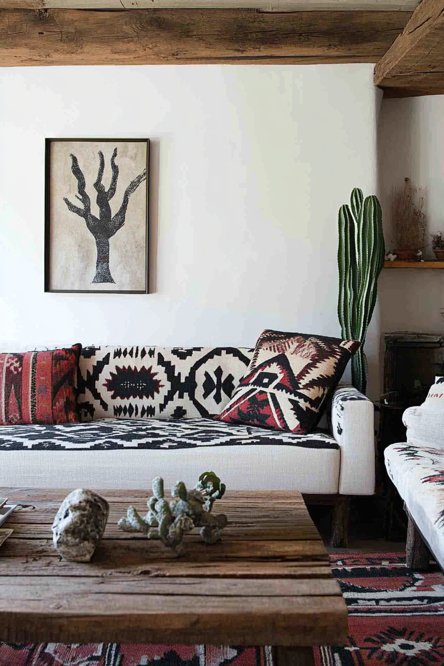 Desert-Boho living room. Graphic Southwestern patterened sofa with rustic timber coffee table.