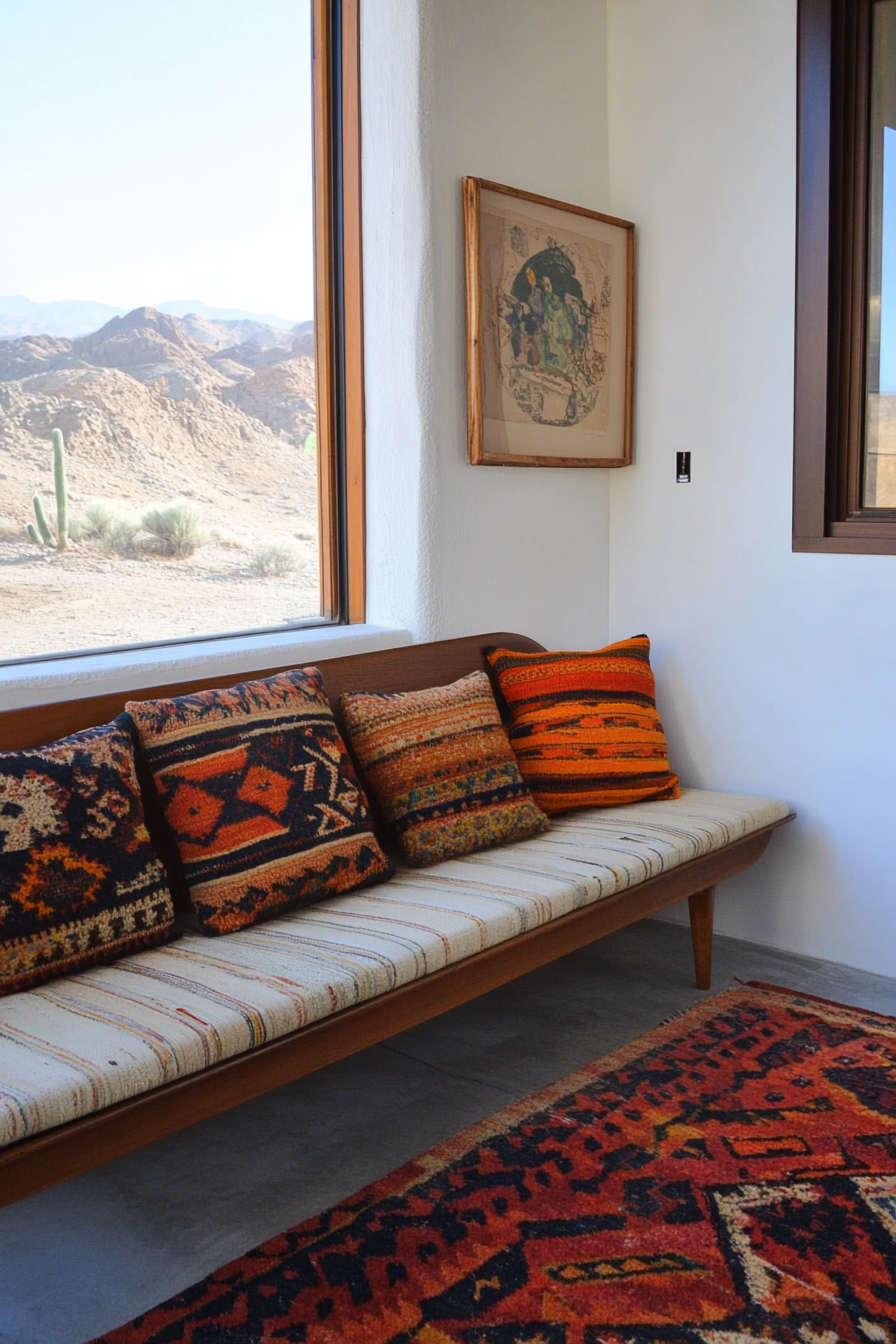 Desert-Boho living room. Mid-century teak sofa with aztec-patterned throw pillows.