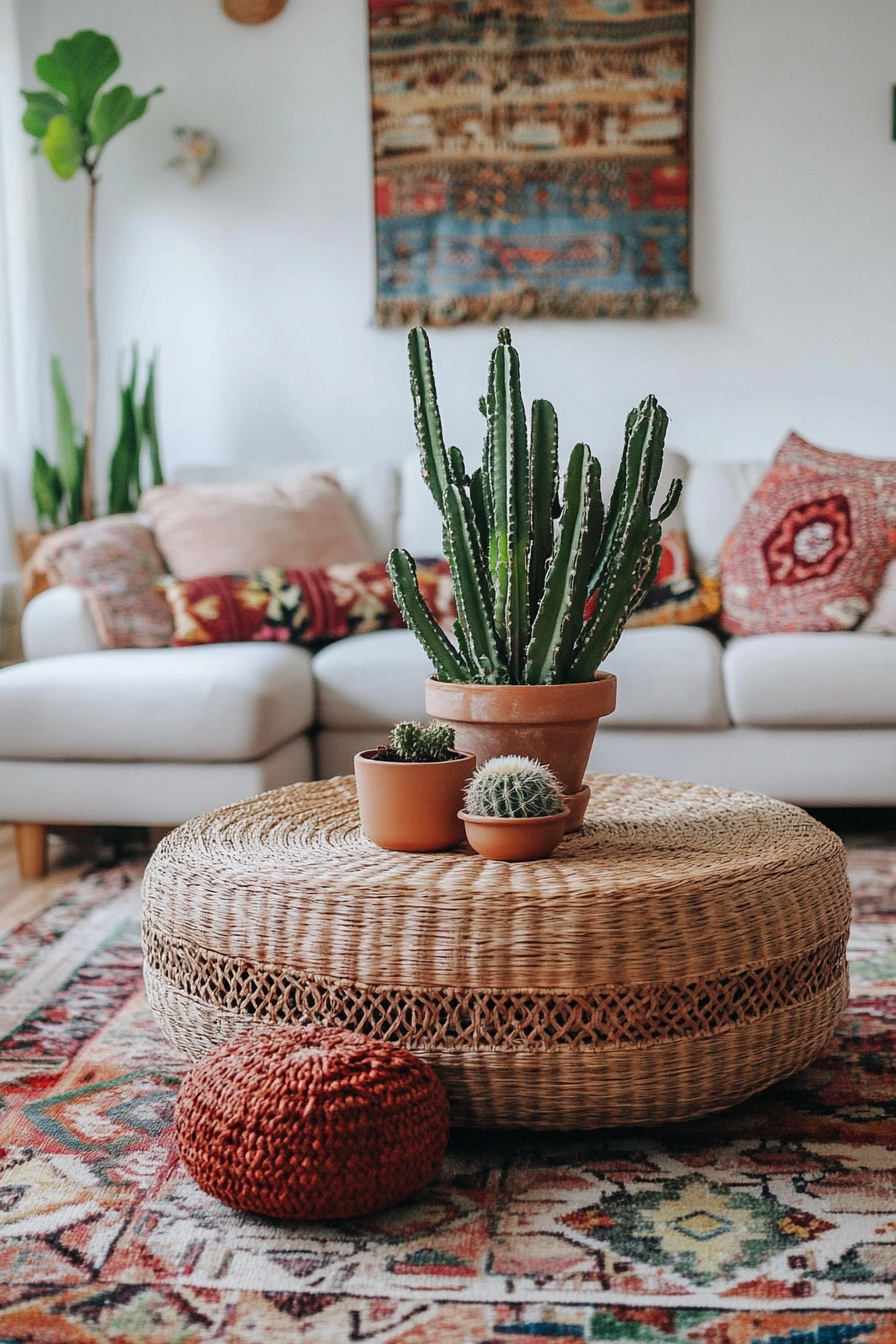 Desert-Boho living room. Rattan coffee table with cactus centerpiece.